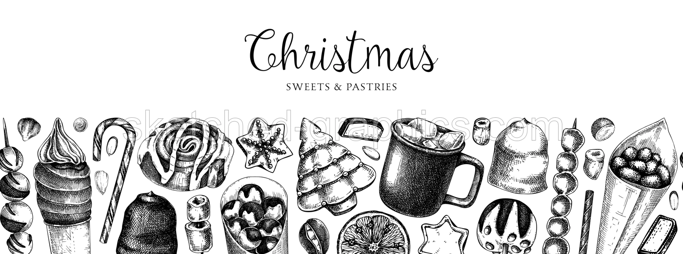 Christmas food background. Christmas market design template. Hand-drawn vector illustration. Hot drinks, candies, cookies, pastries sketches. Winter holiday menu border. Seamless pattern Illustration